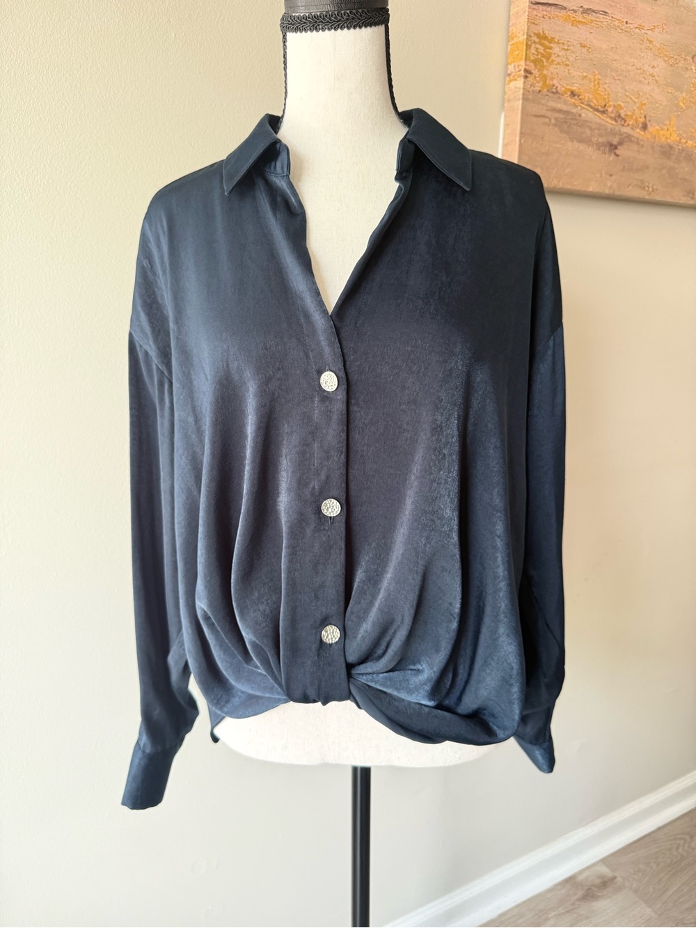 Zara Dark Navy Satin Effect Button Front Blouse Dark Blue Size Small NWT